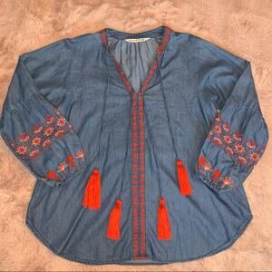 Given Kale Chambray Embroidered Tassel Boho Blouse Size: Medium